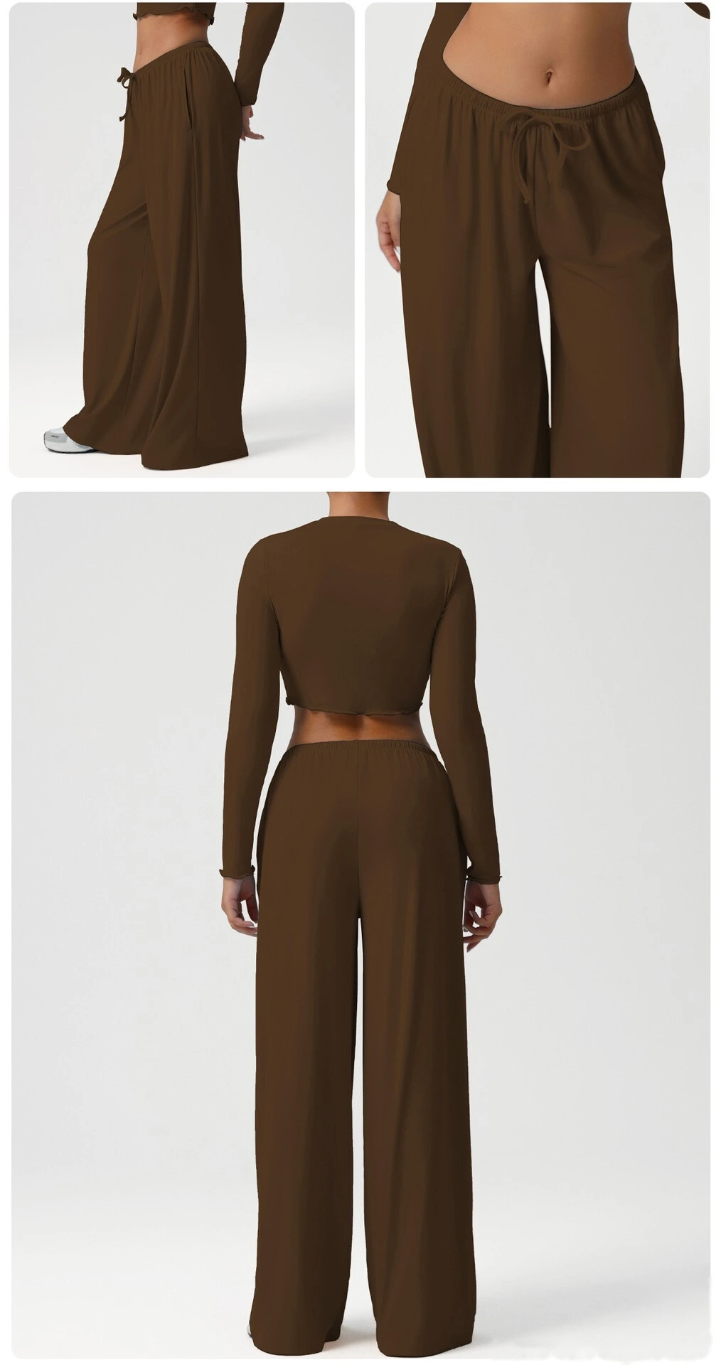 Custom wide-leg women's sweatpants loose low waist fitness pants elastic leisure yoga belt pocket detail