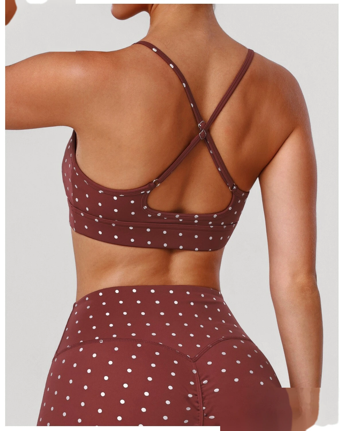 Women's US/EU Thin Strap Yoga Bra - Customizable Silver Hot-Stamped Polka Dot Shockproof High-Elastic Fitness Bra detail