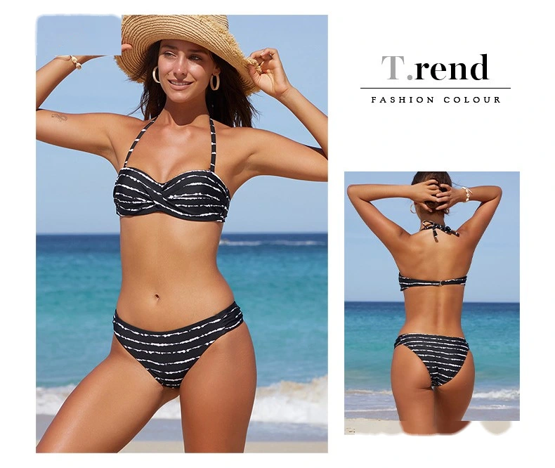 Womens bikini swimsuit stripe halter two-piece bathing suits detail