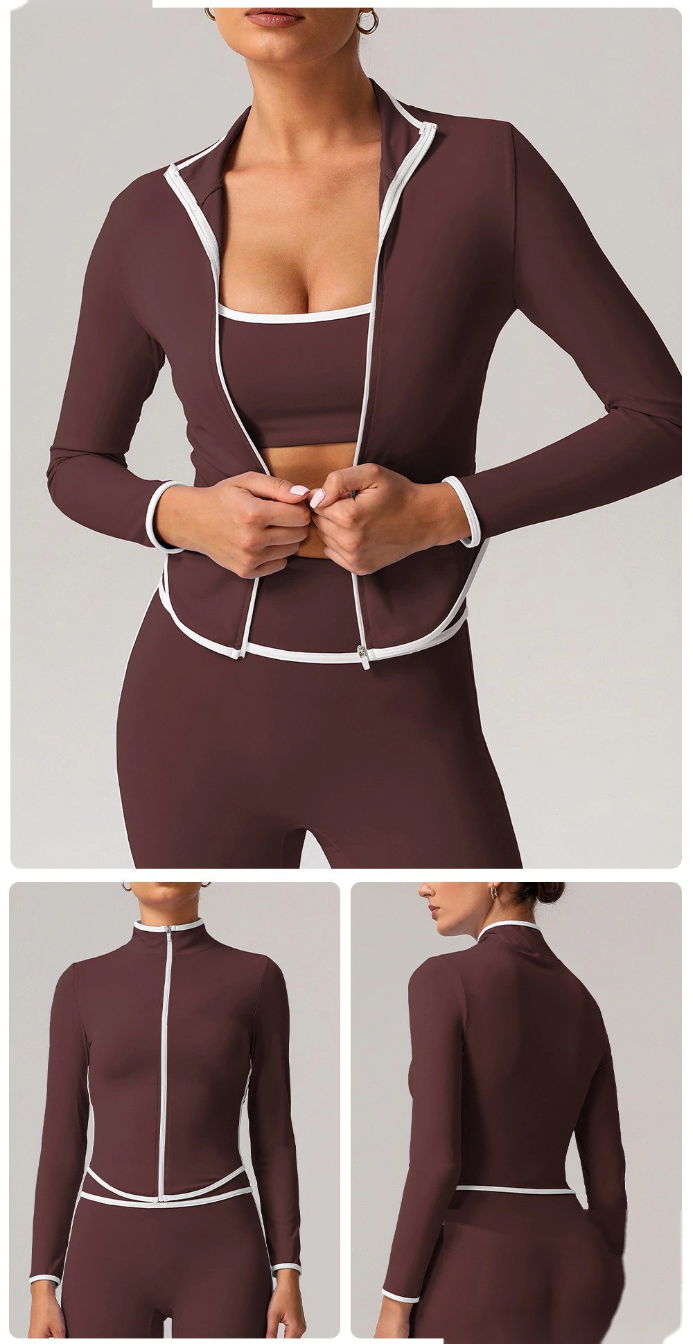 Customized contrast sports yoga coat stand collar long sleeve coat outdoor fitness clothes top detail