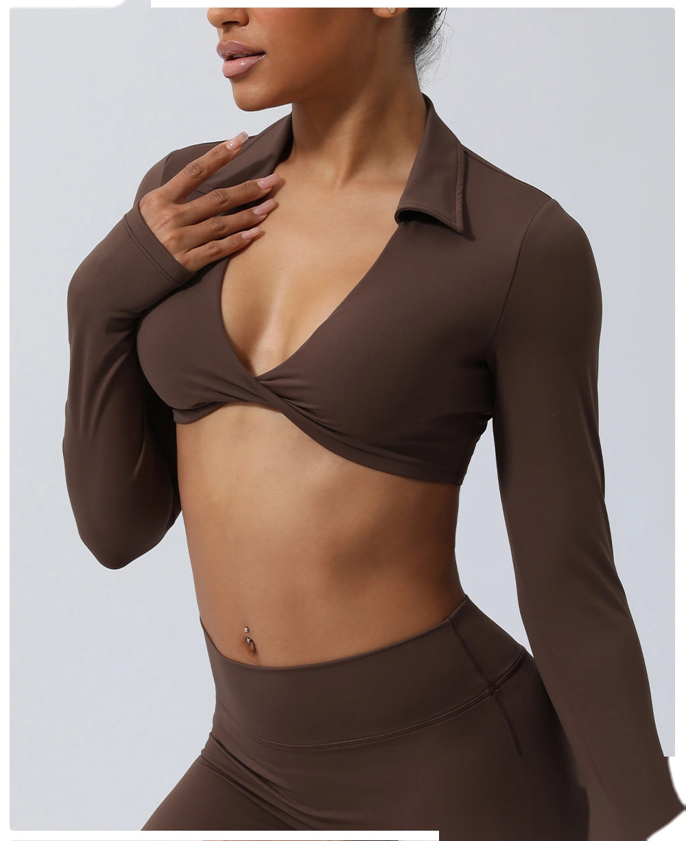 Custom-made nude lapel twisted sports shirt sexy navel yoga clothes long sleeve T-shirt detail