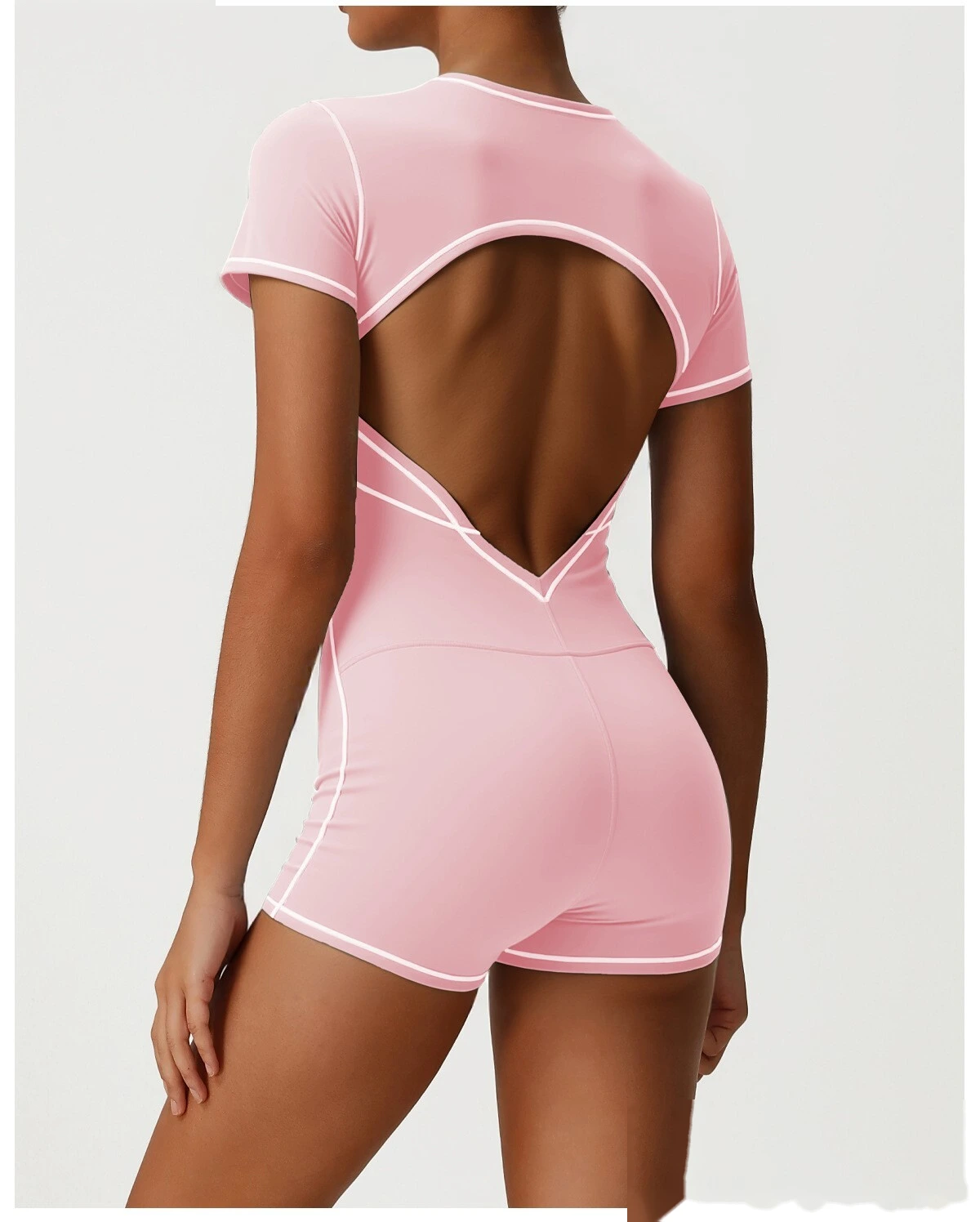 Custom Contrast Color Open Back Yoga Romper - Butt Lifting Training Fitness Short Sleeve Bodysuit detail