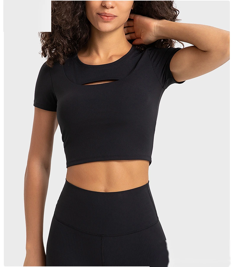 Customized rib sexy hollow short sports T-shirt women with chest pad slim yoga short sleeves detail