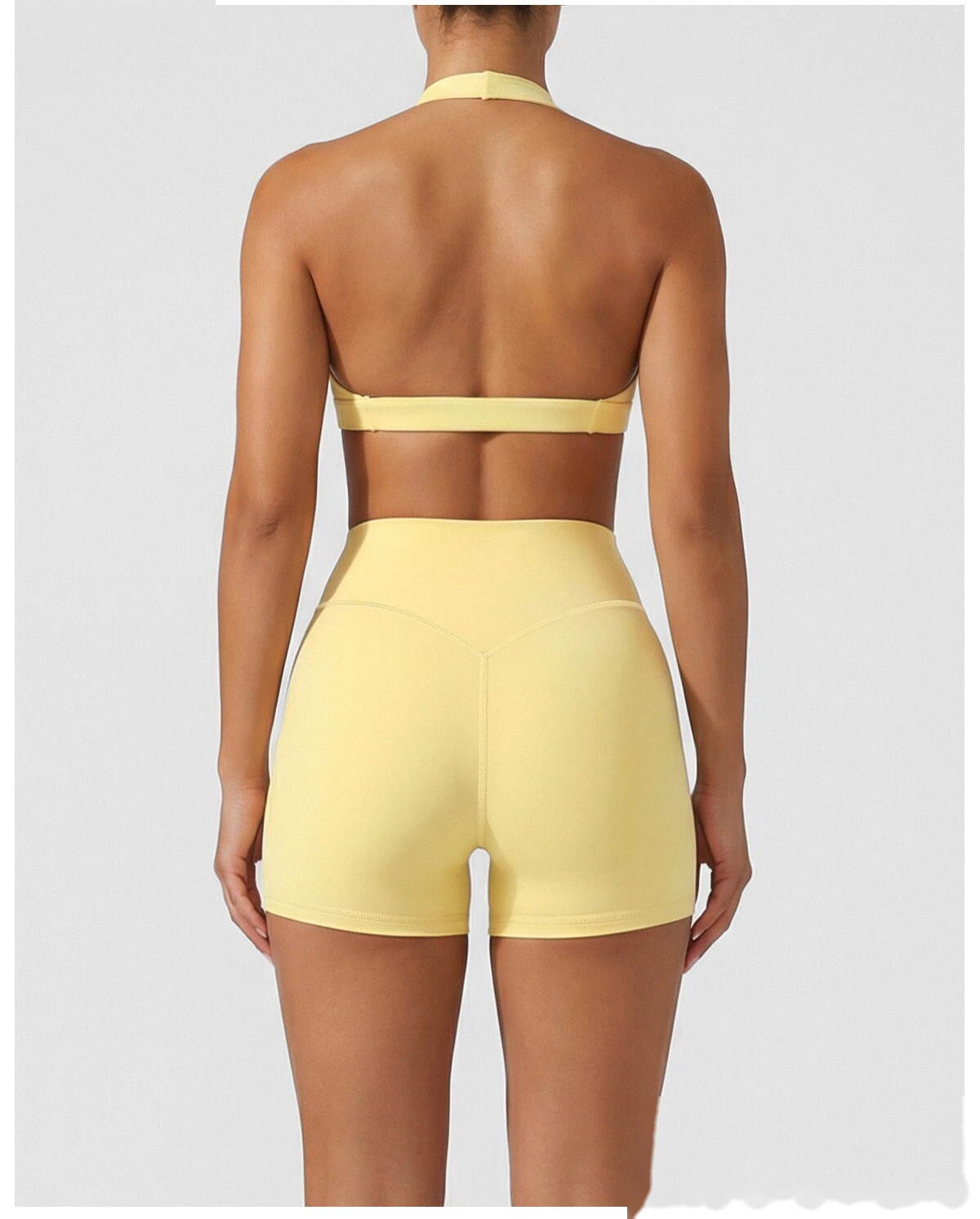 New Summer Women's Active Set, Halter Beauty Back Sports Bra with High Waist Tummy Control Workout Shorts detail