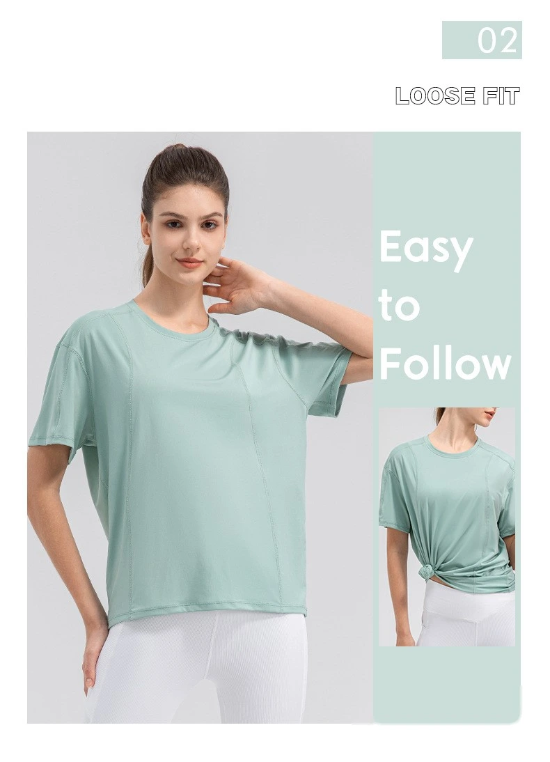 Women summer loose short sleeve t-shirt quick dry breathable fitness tee detail
