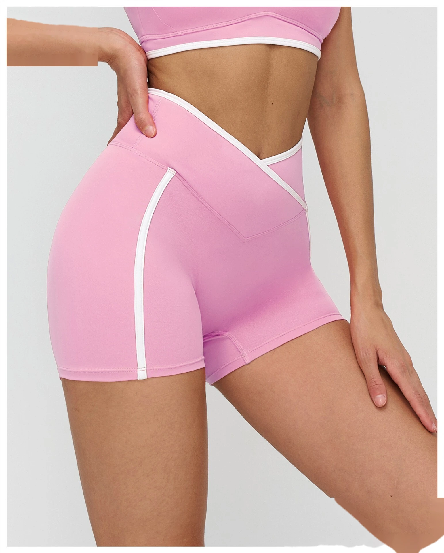 Custom Color Block Tight Workout Shorts - Buttery Soft Cross Waist Yoga Running Shorts detail