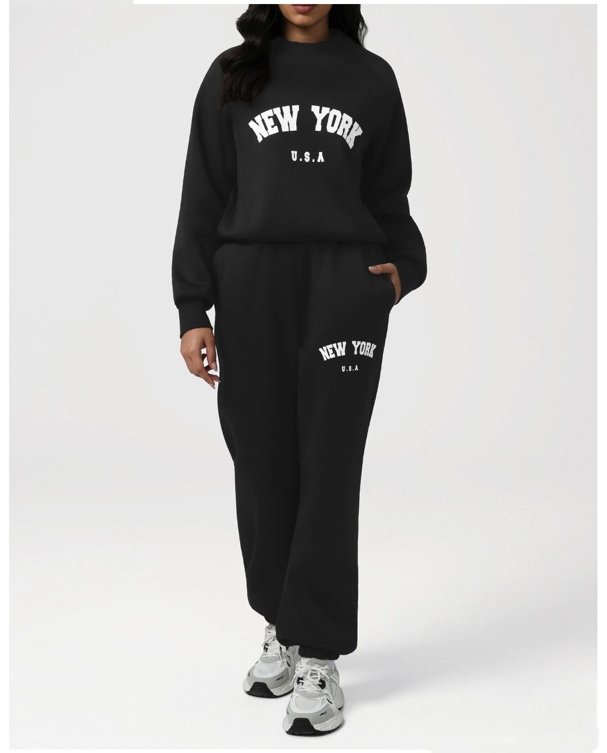 Custom Autumn-Winter Fleece Warm Sweatshirt Set with Cuffed Athletic Jogger Pants & Letter Print detail