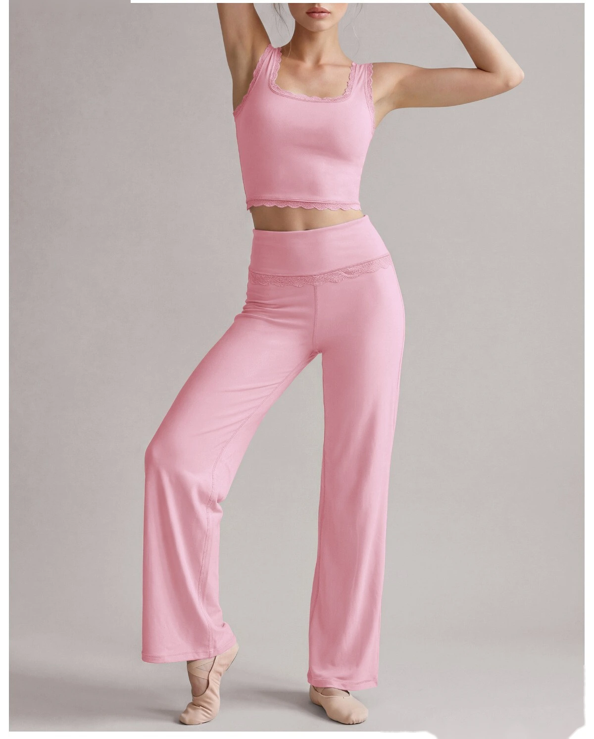 Custom 2 Piece Yoga Set, Lace Spliced Top & Straight Wide Leg Pants, Soft Stretch Activewear Outfit for Dance Training detail