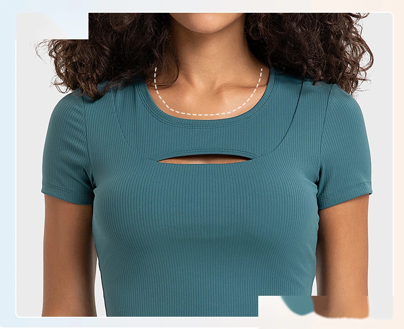 Customized rib sexy hollow short sports T-shirt women with chest pad slim yoga short sleeves detail