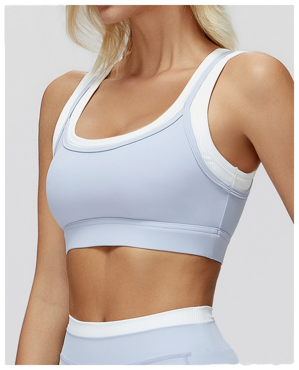 Customizable Naked-Feel Yoga Bra | Women's Fake Two-Piece Ribbed Contrast, Fitness & Running Style detail