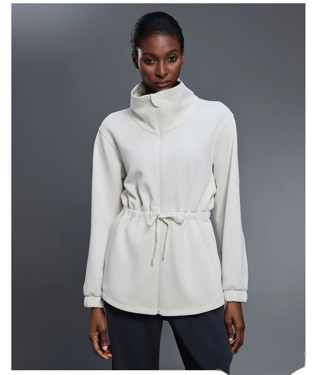Custom-made long coat women's drawstring waist jacket leisure commuter sports windbreaker detail