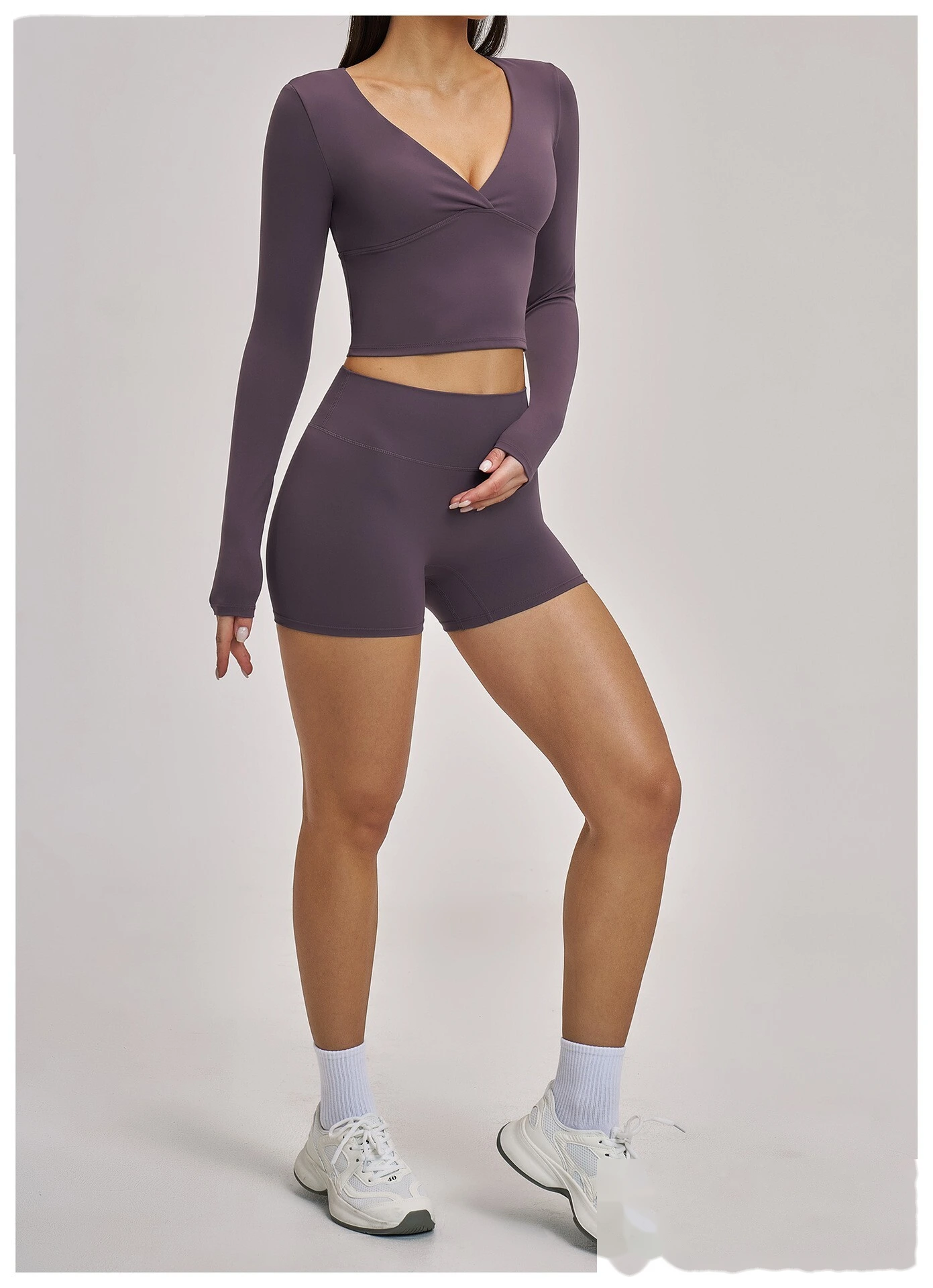 Women’s Custom Spring Summer High Stretch Slim Fit V-Neck Long Sleeve Yoga T-Shirt Fitness Workout Top detail