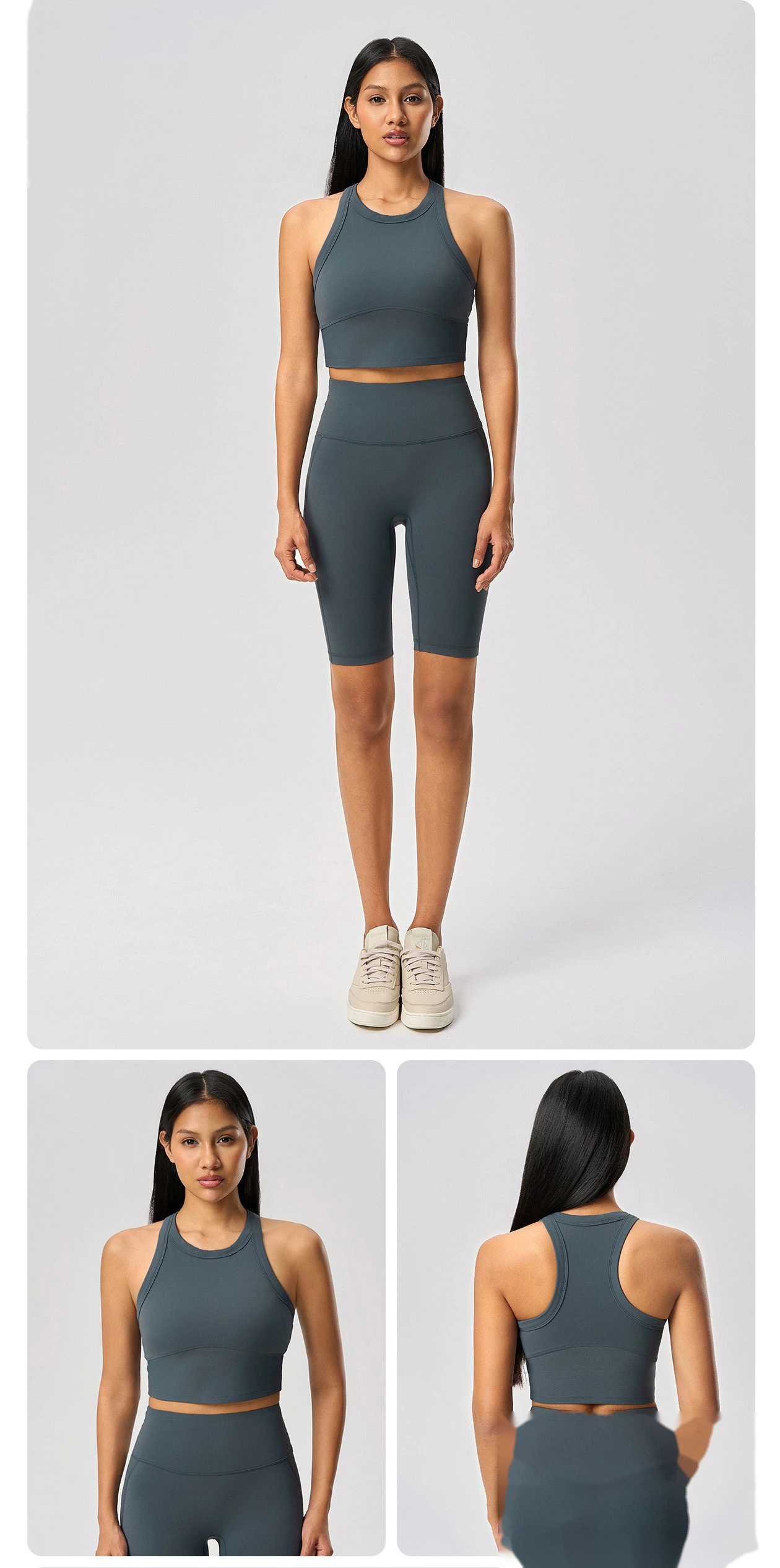 Short sleeveless sports vest female nude elastic fixed cup high round neck fitness yoga clothes top detail