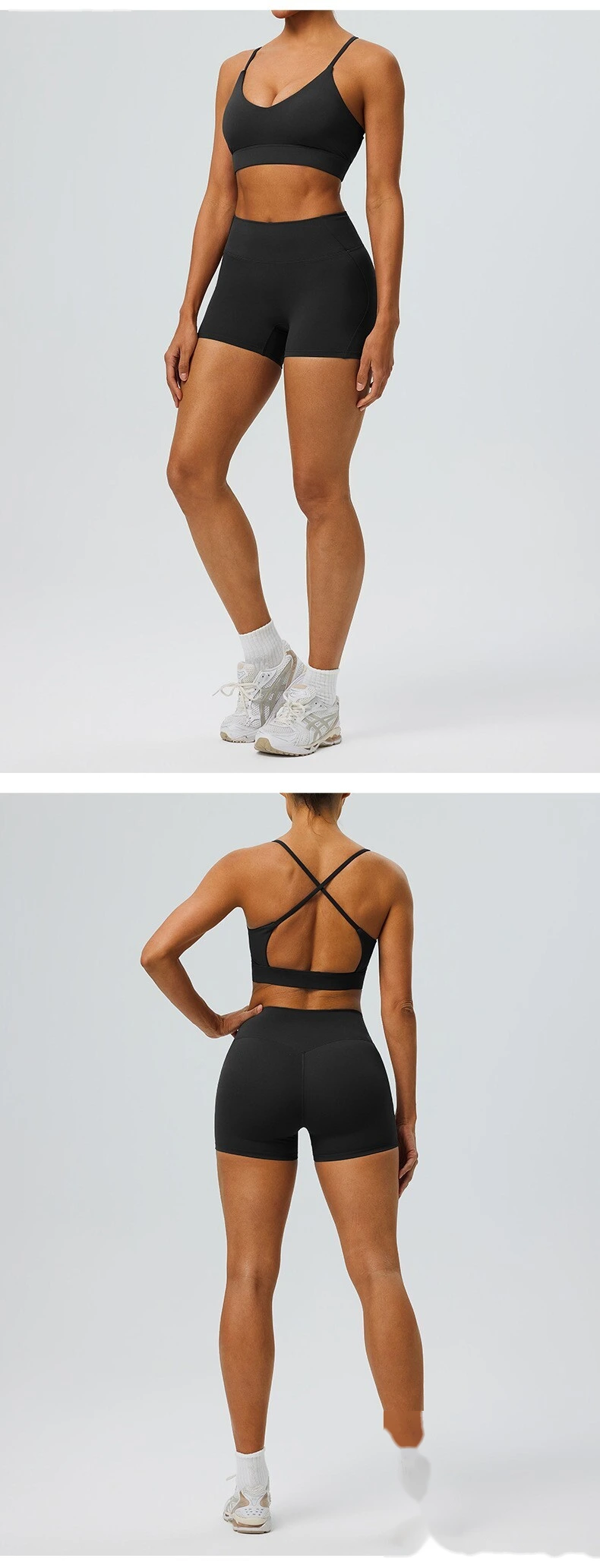 Custom Women’s Breathable Quick Dry Active Set Beauty Back Sports Bra High Waist Gym Shorts Fitness 2 Piece Outfit detail