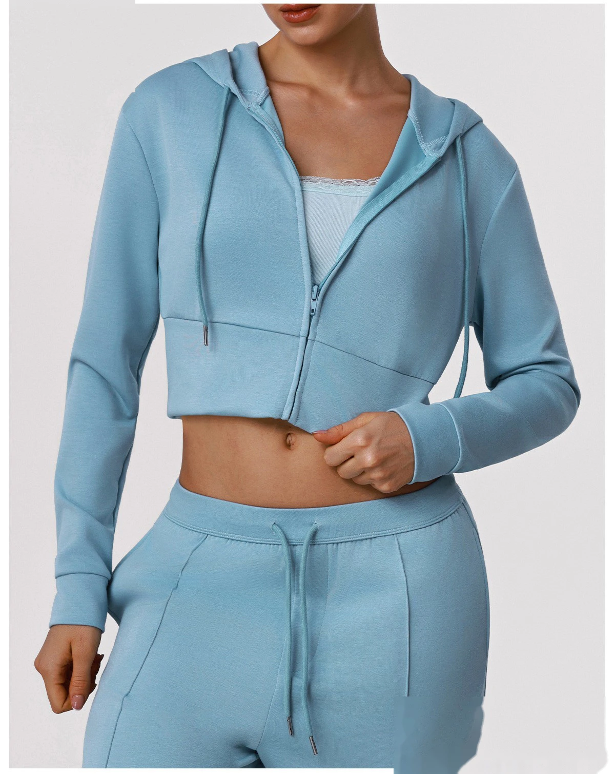 Women's Fall Winter Sports Tracksuit - Customizable Cropped Waist Hooded Jacket + Casual Outdoor Workout Set detail
