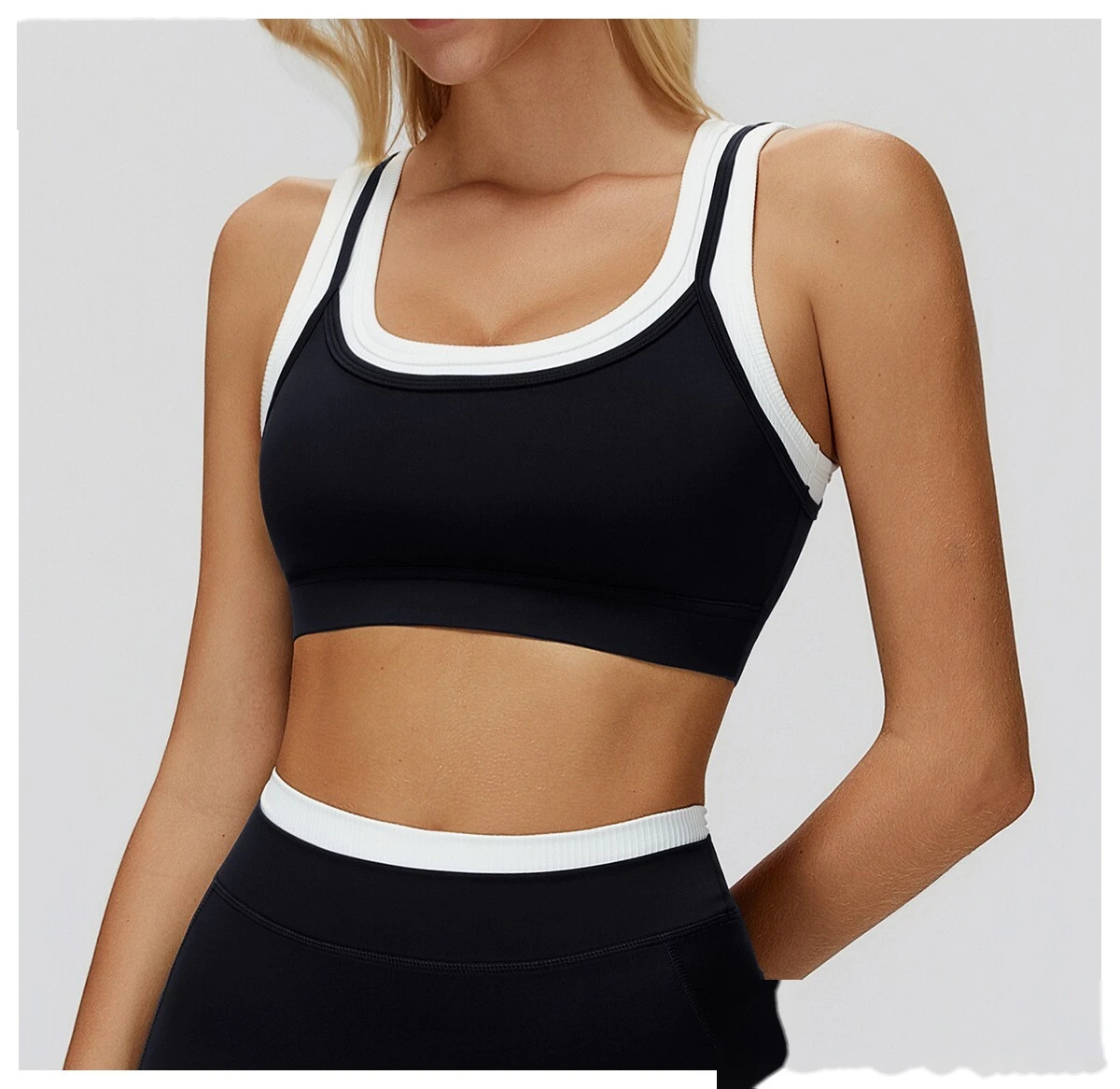 Customizable Naked-Feel Yoga Bra | Women's Fake Two-Piece Ribbed Contrast, Fitness & Running Style detail
