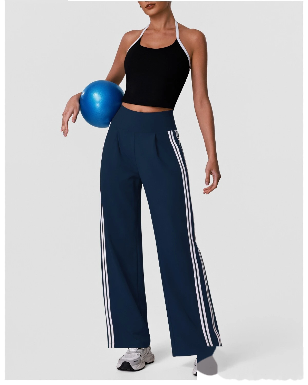 Halter Padded Sports Vest & Color Block Striped Wide Leg Pants Set for Women, Fitness Running Workout Suit detail
