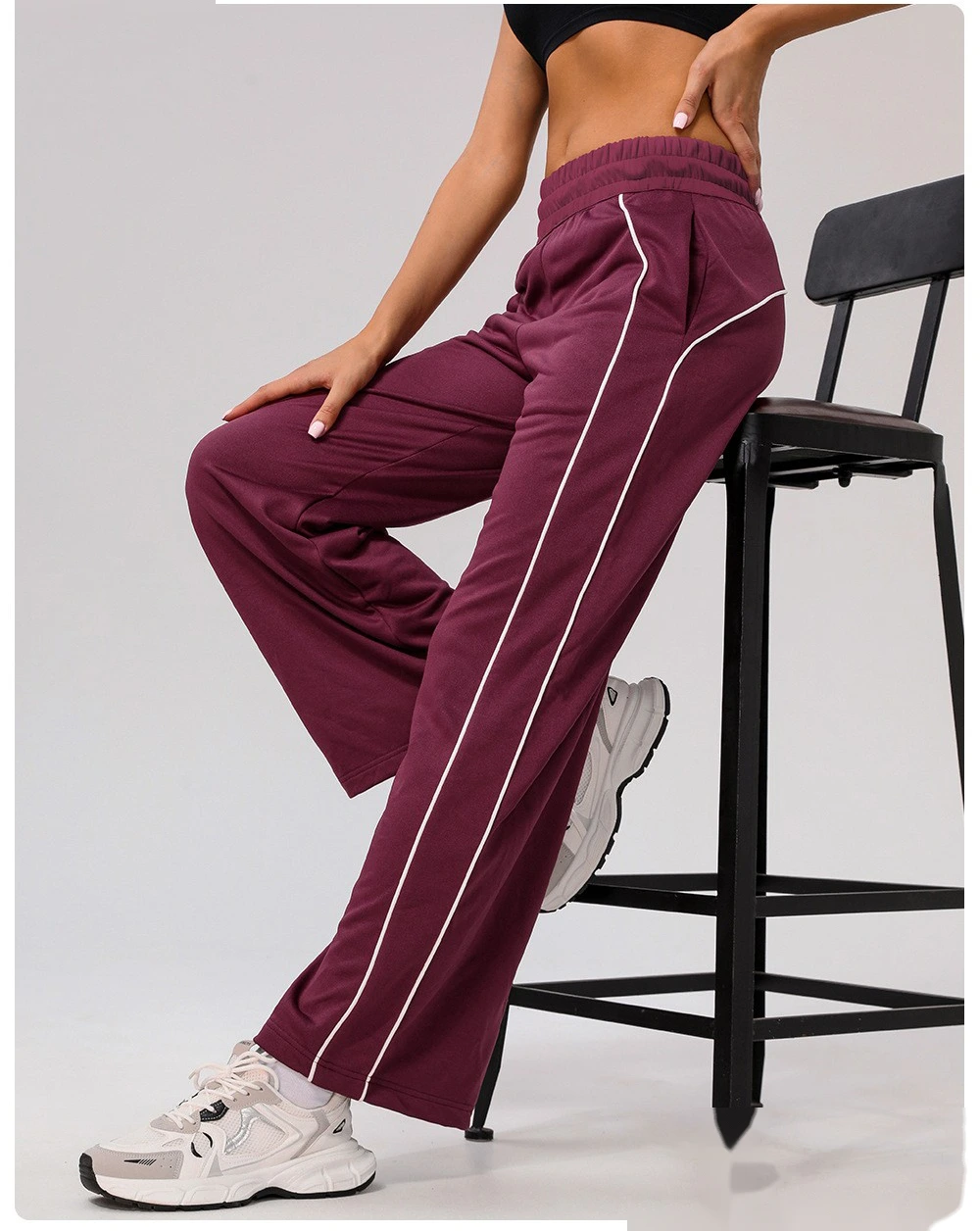 Custom leisure sports pants contrast American loose straight pants women's pocket yoga hip fitness wide-leg pants detail