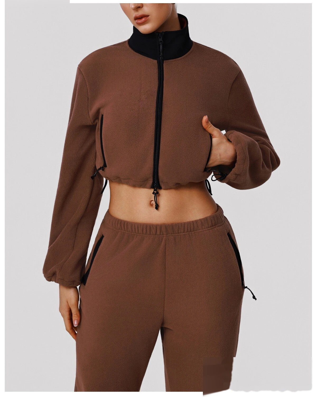 Custom Fleece Lounge Set - Women's Winter Warm Stand Collar Jacket & Wide-Leg Pants Sports Suit detail