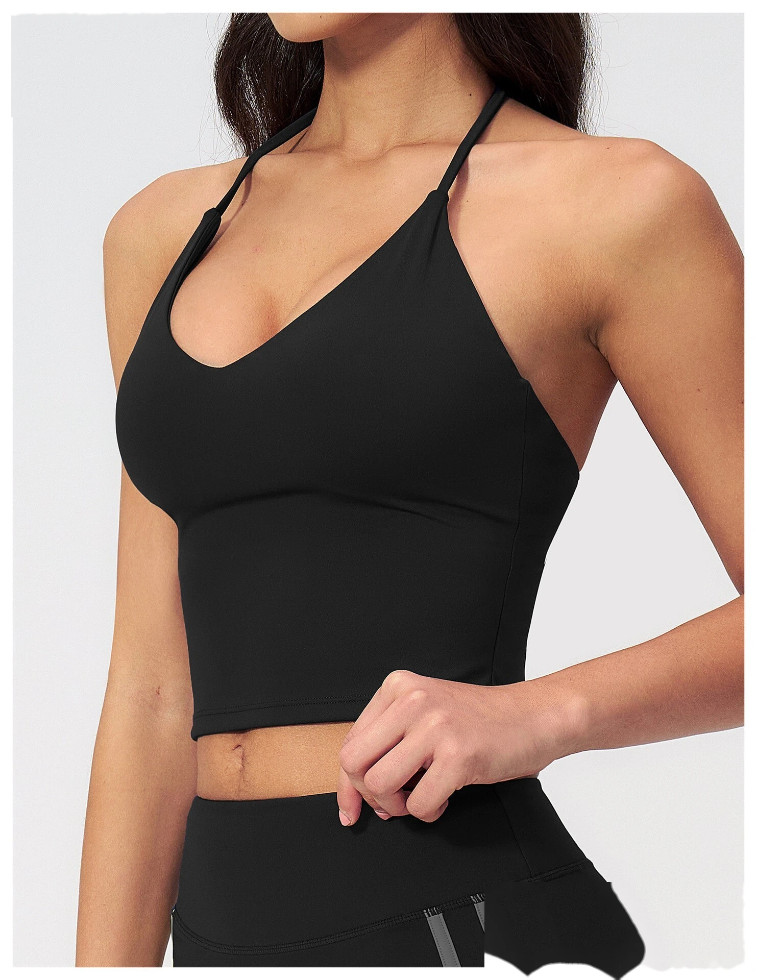 Custom Women Halter Sports Vest, V Neck Slim Yoga Top With Padded Bra Outer Wear Workout Tank Top detail