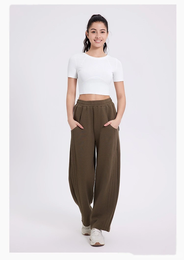 Custom autumn and winter sports pants women's classic three-bar padded high waist casual straight pants detail