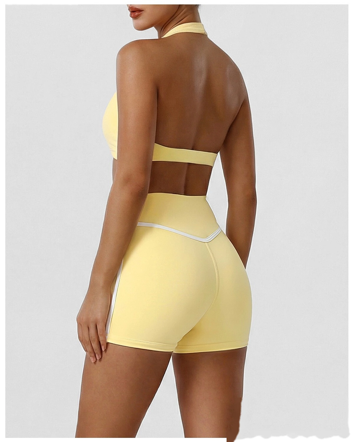 New Summer Women's Active Set, Halter Beauty Back Sports Bra with High Waist Tummy Control Workout Shorts detail