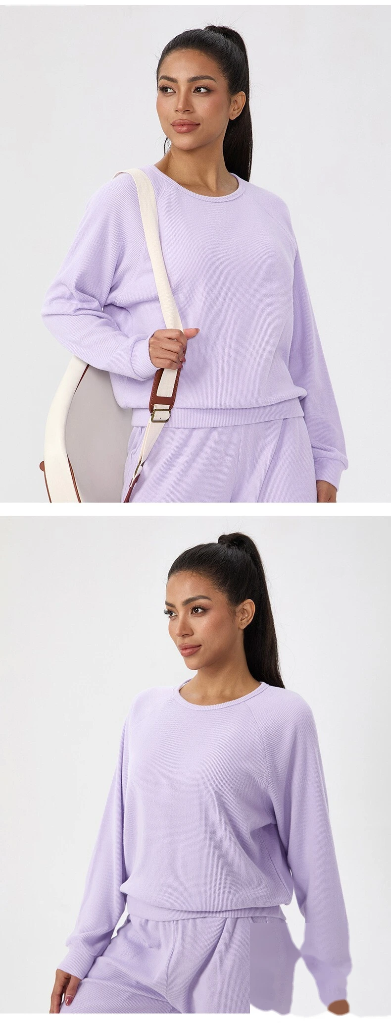 Autumn Winter Custom Waffle Crewneck Long-Sleeve Tee - Solid, Loose-Fit Sports Shirt for Running & Working Out detail