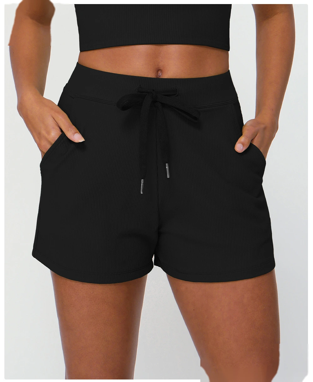 Customized rib loose casual shorts women's drawstring quick-drying yoga shorts pocket high elastic sports pants detail