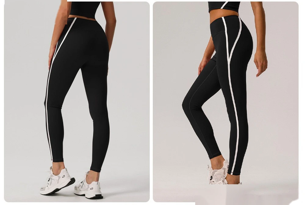 Customized European and American contrast high waist nude yoga pants ladies running fitness tight sports pants detail