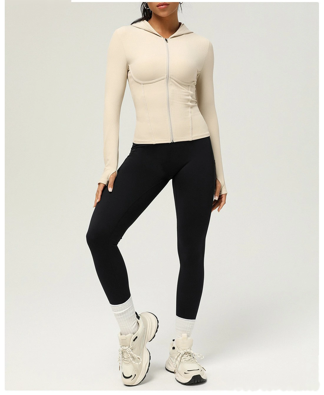 Custom slim hooded sports coat long sleeve autumn and winter yoga coat leisure sports coat women detail