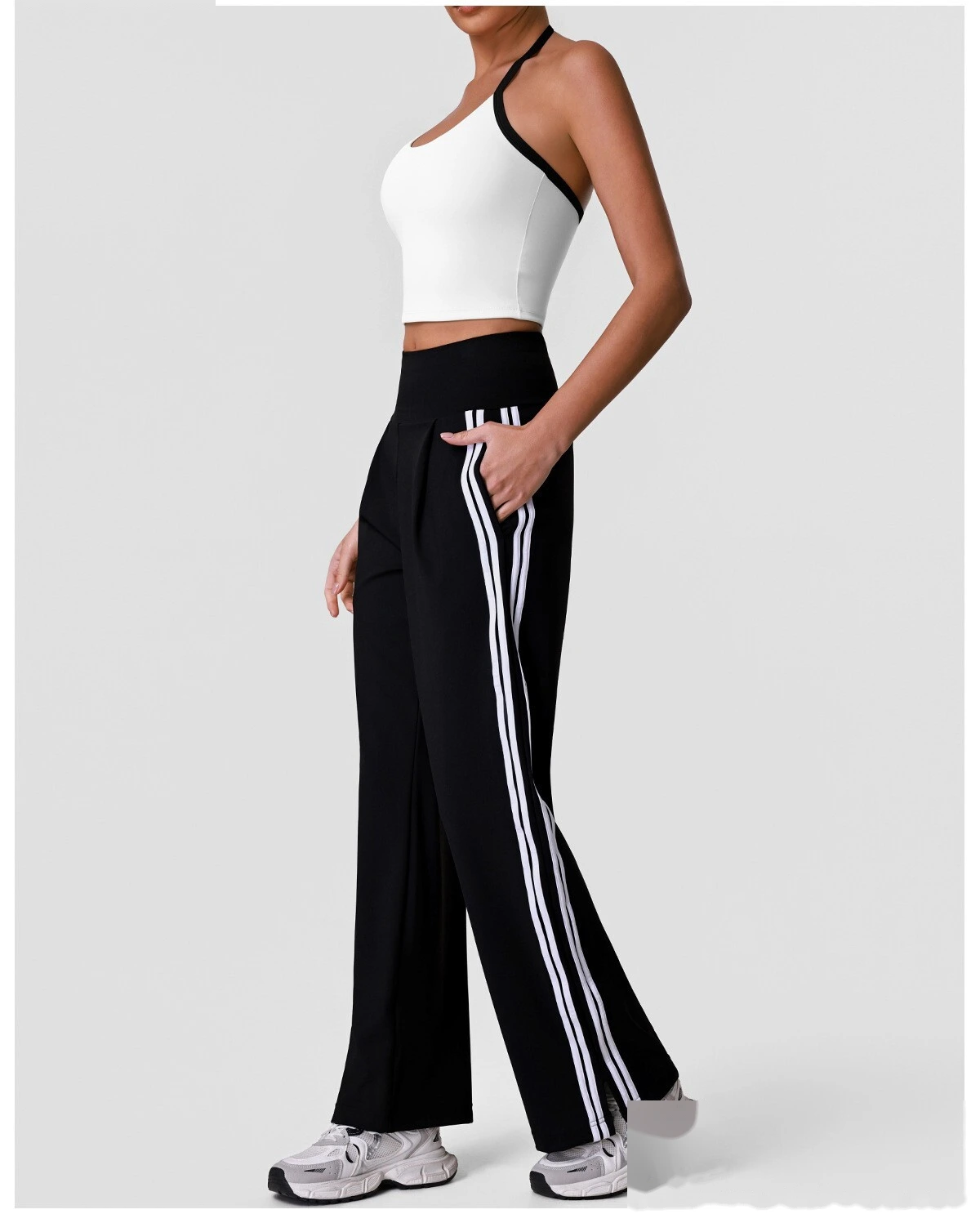 Halter Padded Sports Vest & Color Block Striped Wide Leg Pants Set for Women, Fitness Running Workout Suit detail