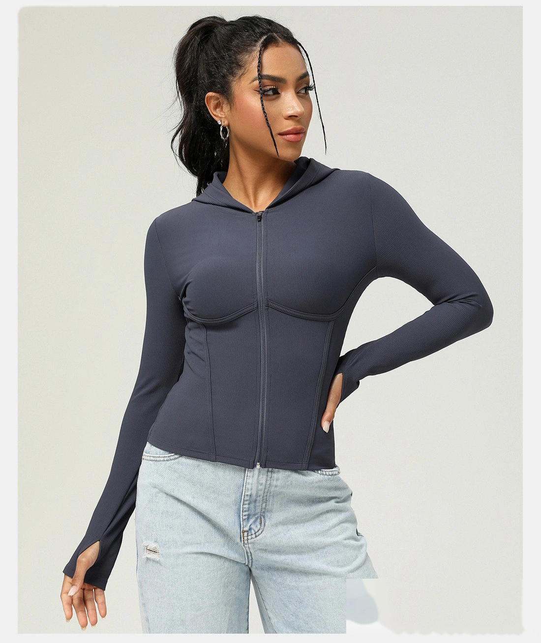 Custom slim hooded sports coat long sleeve autumn and winter yoga coat leisure sports coat women detail