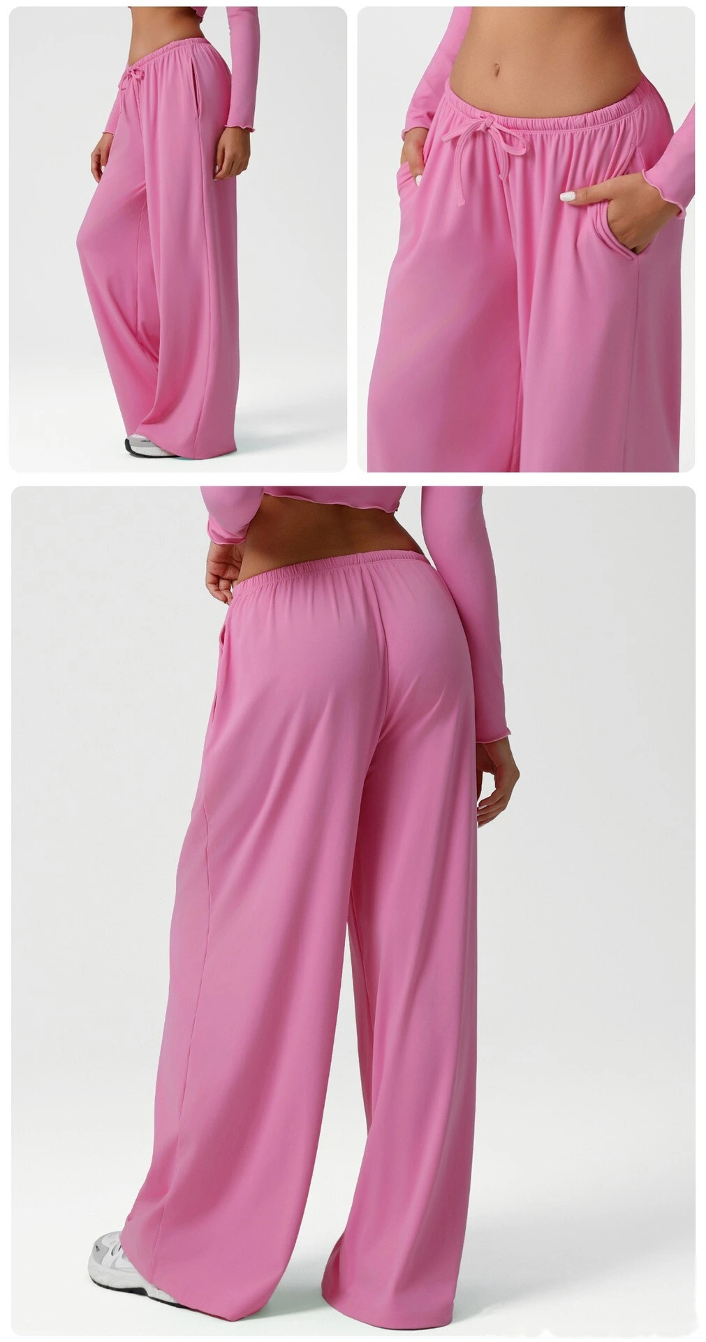 Custom wide-leg women's sweatpants loose low waist fitness pants elastic leisure yoga belt pocket detail