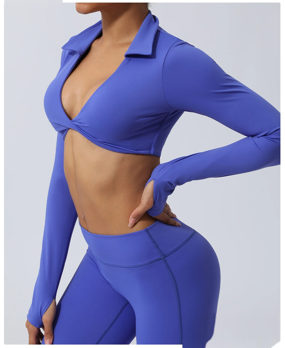 Custom-made nude lapel twisted sports shirt sexy navel yoga clothes long sleeve T-shirt detail