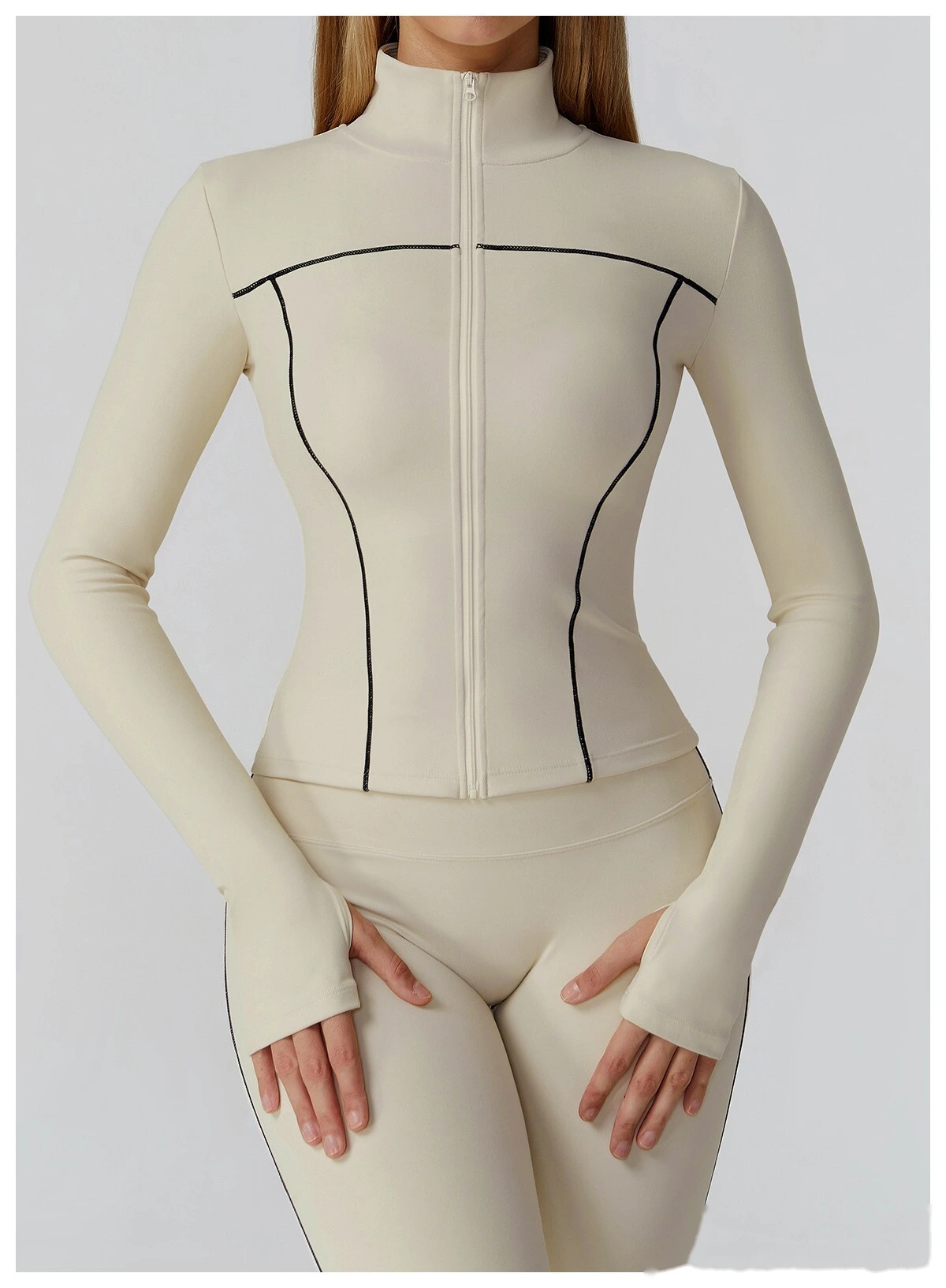 Custom contrast sanding yoga jacket zipper windproof slim coat outdoor sports running fitness clothes women detail