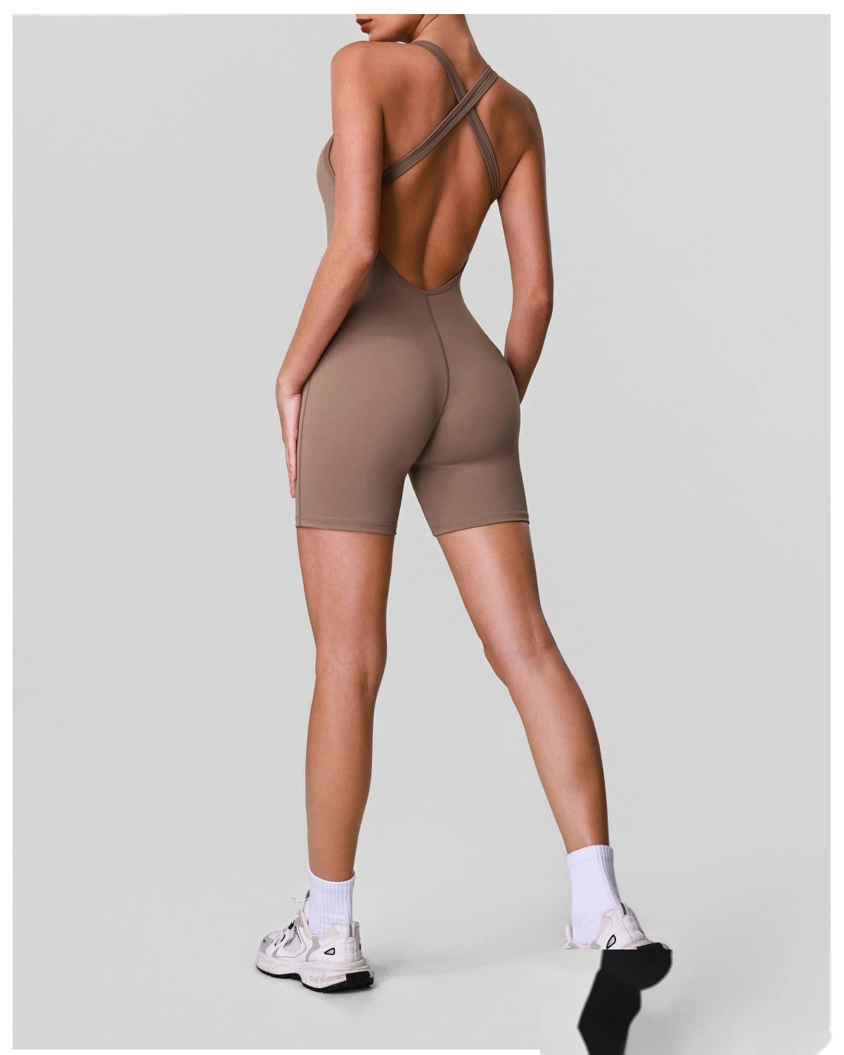 Custom Women’s Crisscross Beauty Back Yoga Romper V-Neck with Chest Pads High Stretch Fitness Short Jumpsuit detail