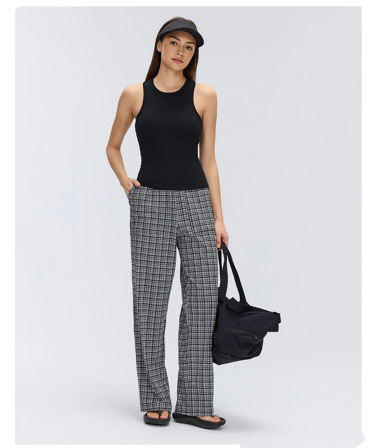 Women's Plaid Pattern Loose Slim Straight Long Pants Lightweight Casual Sports Trousers Custom detail