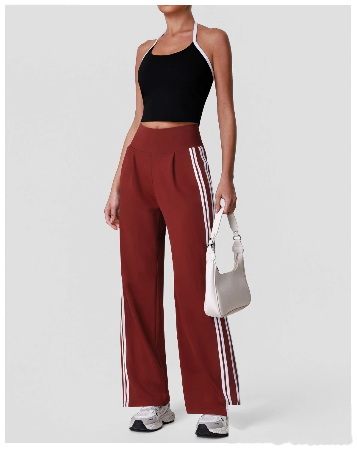 Halter Padded Sports Vest & Color Block Striped Wide Leg Pants Set for Women, Fitness Running Workout Suit detail