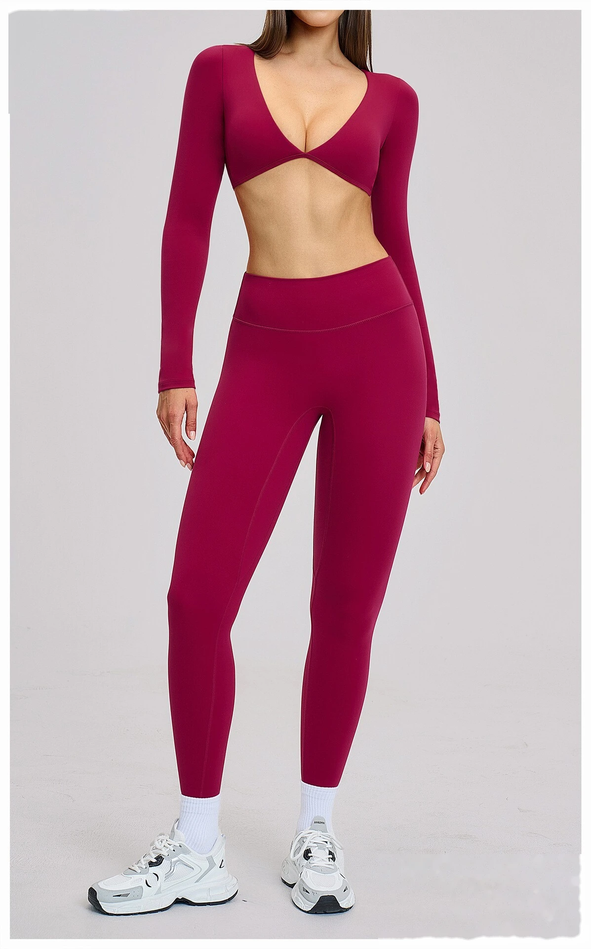 Women’s Custom Long Sleeve V-Neck Cropped Yoga Top Outdoor Fitness Workout Running Active Set detail