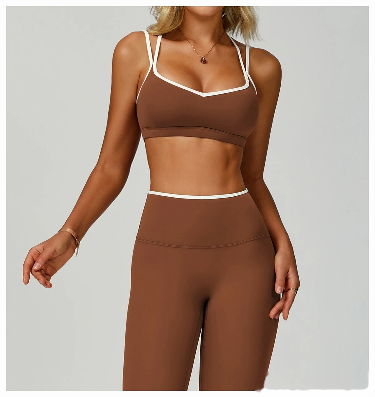 Custom contrast nude tight cross back sports vest running fitness yoga bra detail
