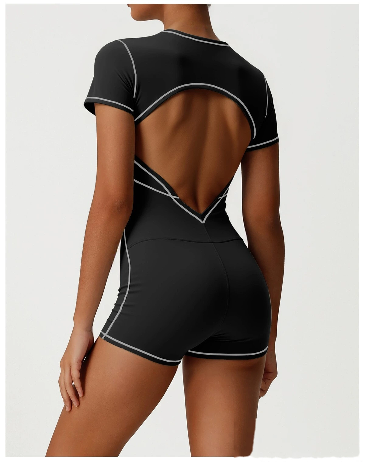 Custom Contrast Color Open Back Yoga Romper - Butt Lifting Training Fitness Short Sleeve Bodysuit detail