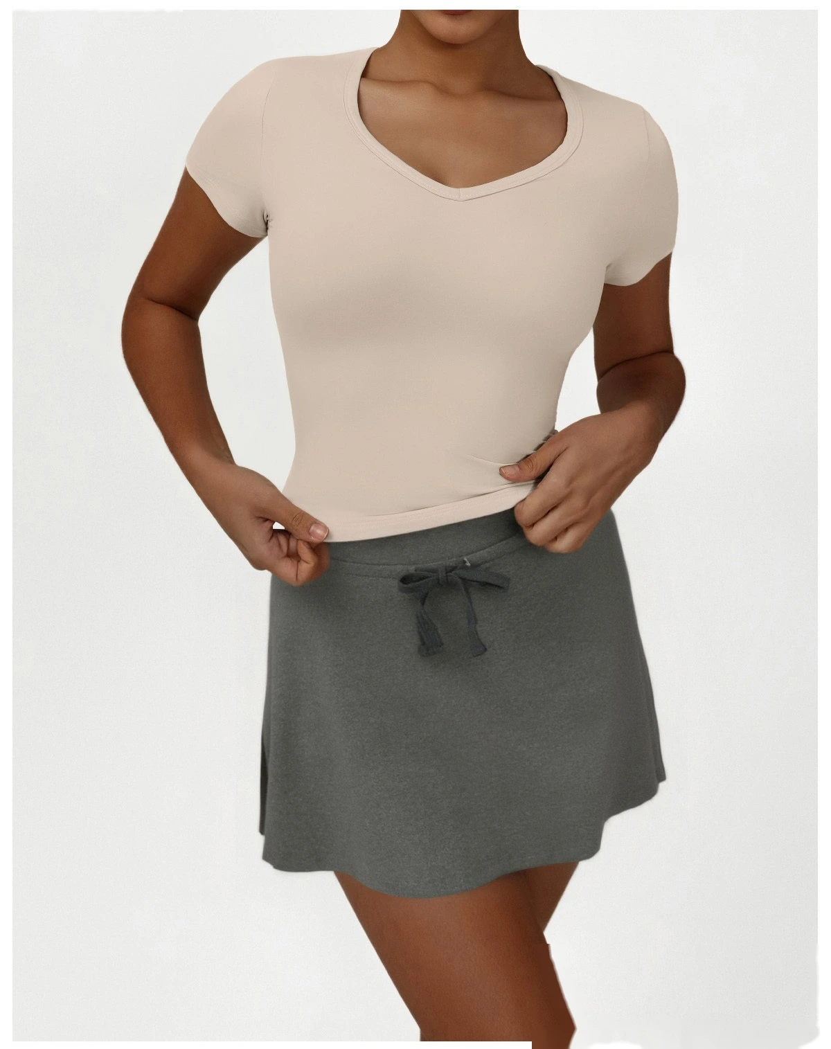Custom Yoga Tennis Sports Set - Women's Slim Short Sleeve Top & Anti-See-Through Skort Casual Activewear detail
