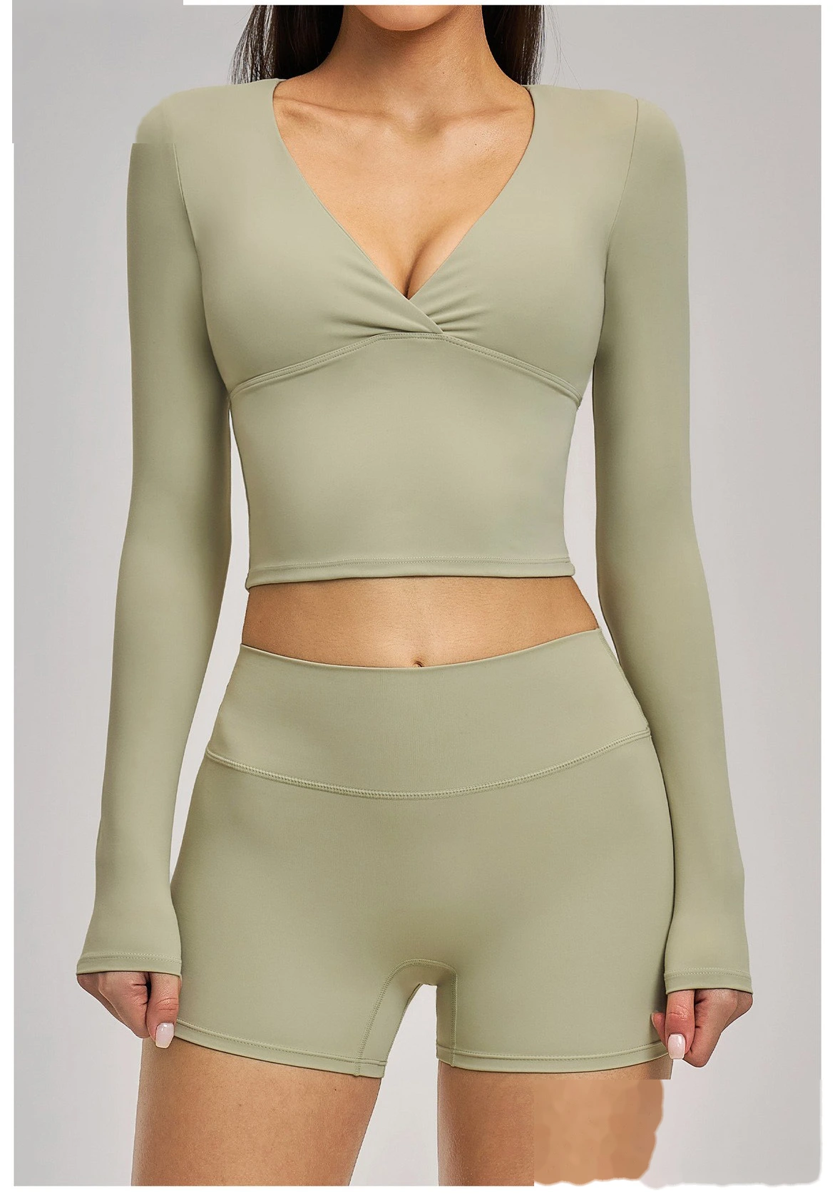 Women’s Custom Spring Summer High Stretch Slim Fit V-Neck Long Sleeve Yoga T-Shirt Fitness Workout Top detail