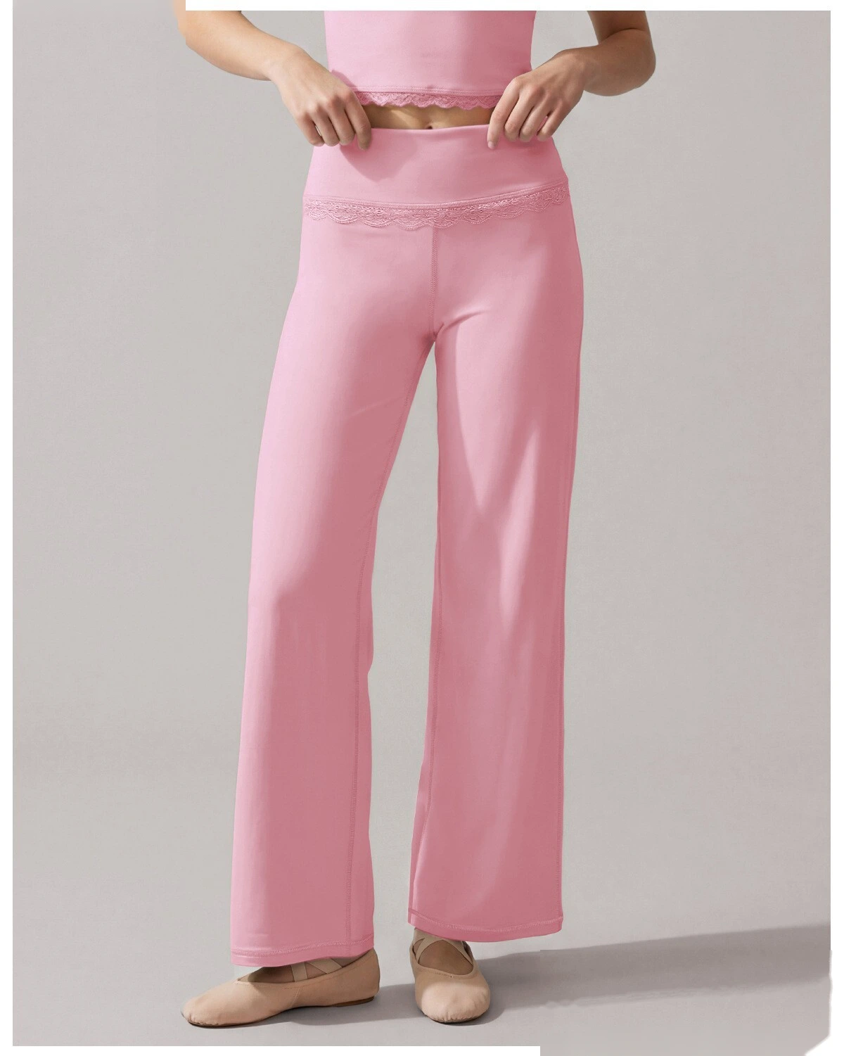 Custom 2 Piece Yoga Set, Lace Spliced Top & Straight Wide Leg Pants, Soft Stretch Activewear Outfit for Dance Training detail