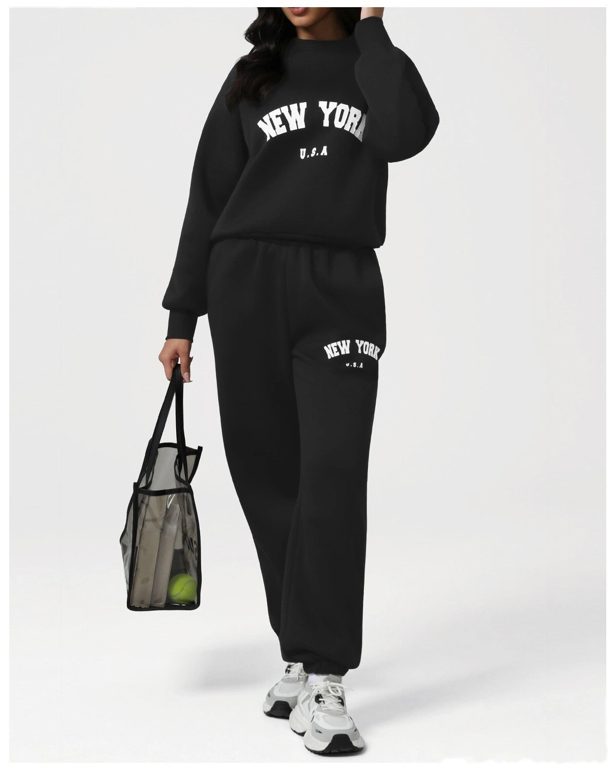 Custom Autumn-Winter Fleece Warm Sweatshirt Set with Cuffed Athletic Jogger Pants & Letter Print detail