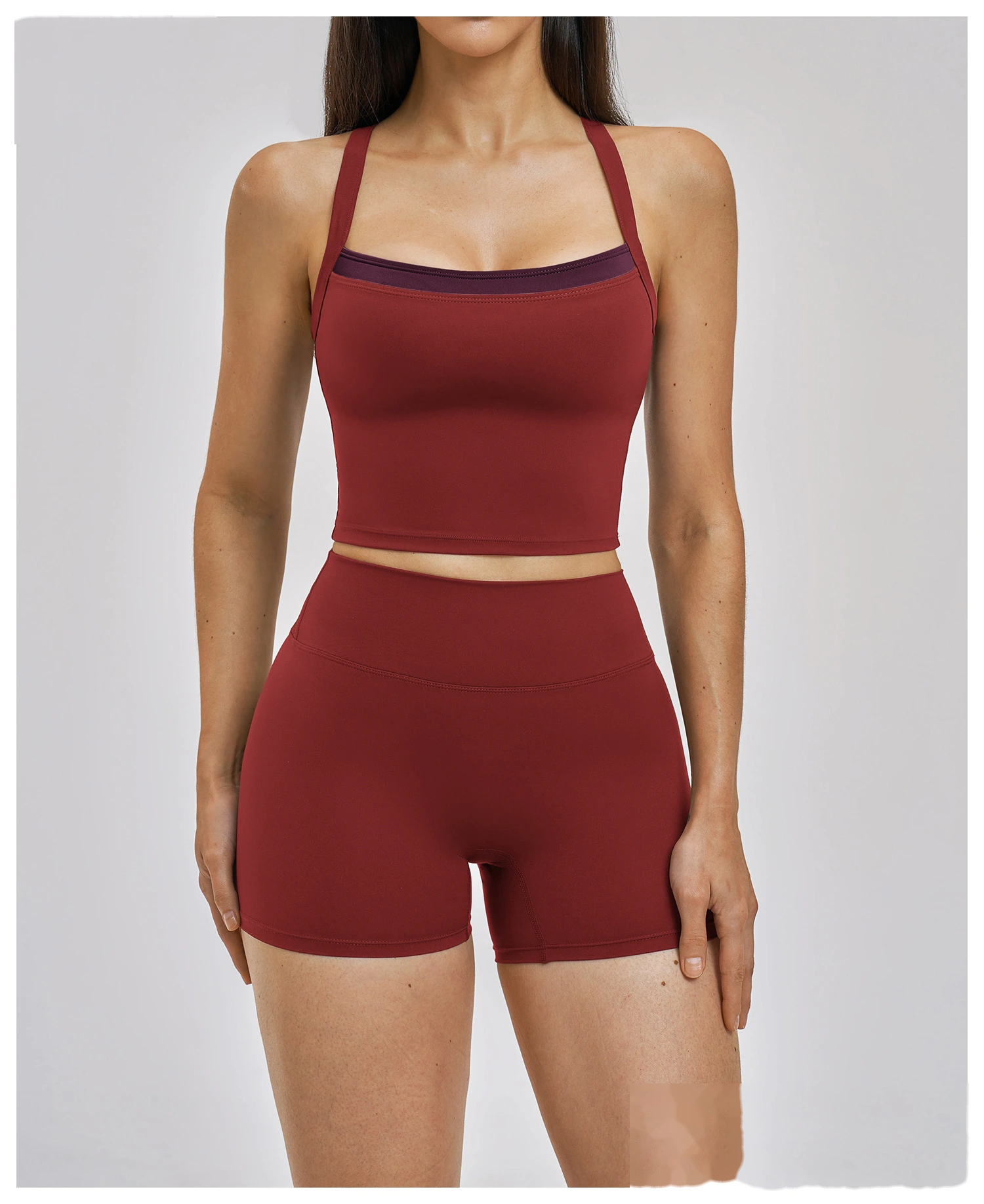 Women’s Fake Two-Piece Yoga Tank Top Set Crisscross Beauty Back Color Block Sports Shorts Active Wear detail
