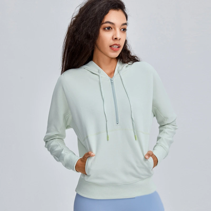 Women running training fitness 1/2 zip long sleeve pullover hoodies detail