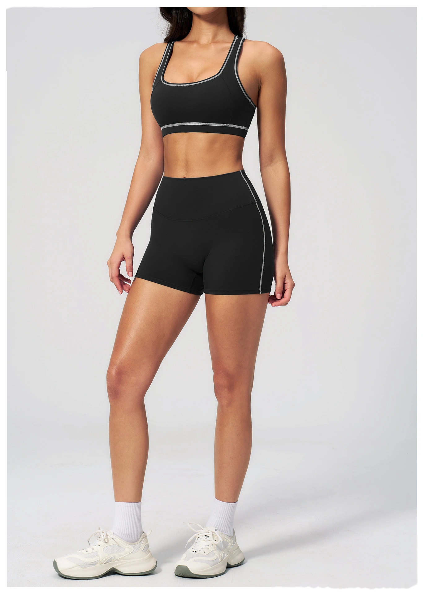 European American Style Color Block Yoga Bra & Hip Lifting Shorts Set, Women 2 Piece Fitness Activewear detail