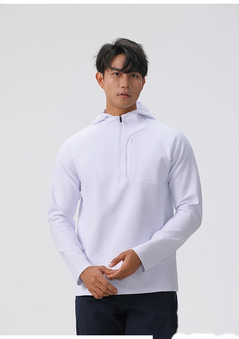 Custom autumn and winter running quick-drying clothes men's sports T-shirt half zipper hooded sweater detail