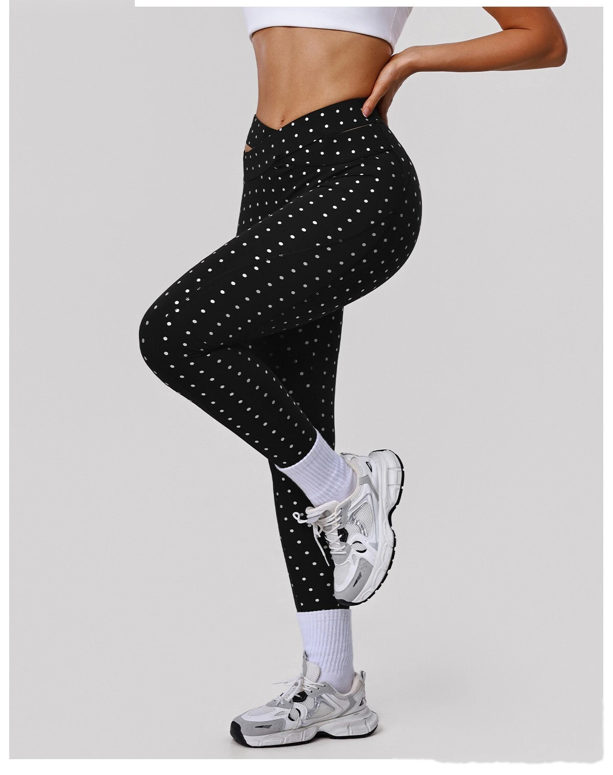 Bulk Custom Polka Dot Yoga Leggings - Women's High-Waisted Cross Cutout Butt-Lifting Sports Pants detail